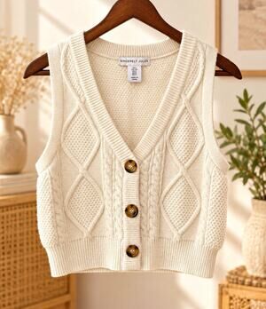 Sincerely Jules Women’s Ivory Cable-Knit Button Front V-Neck Sweater Vest S